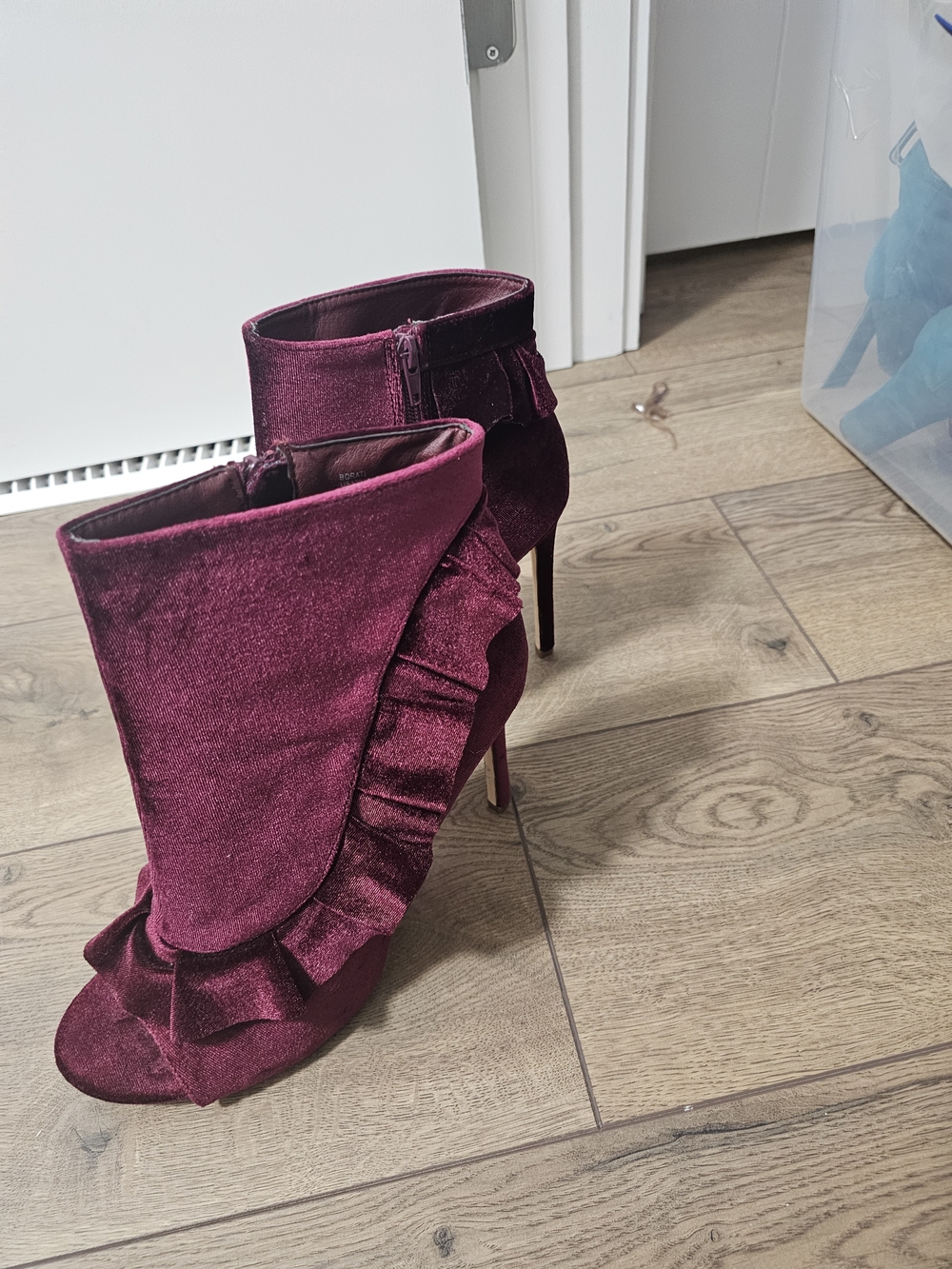 JustFab Burgundy Velvet Ruffle Ankle Booties